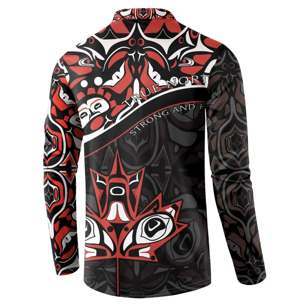 Black long-sleeve button sweatshirt with red and white Haida-style back graphic
