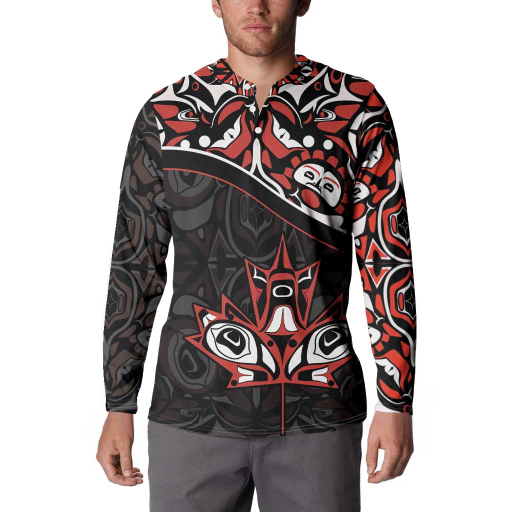 Black long-sleeve button sweatshirt on model with red-and-white tribal front print
