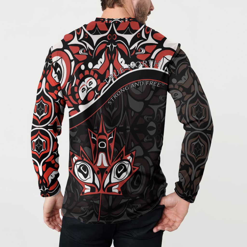Black long-sleeve button sweatshirt on model with red and white Haida-style back print