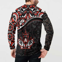 Black long-sleeve button sweatshirt on model with red and white Haida-style back print