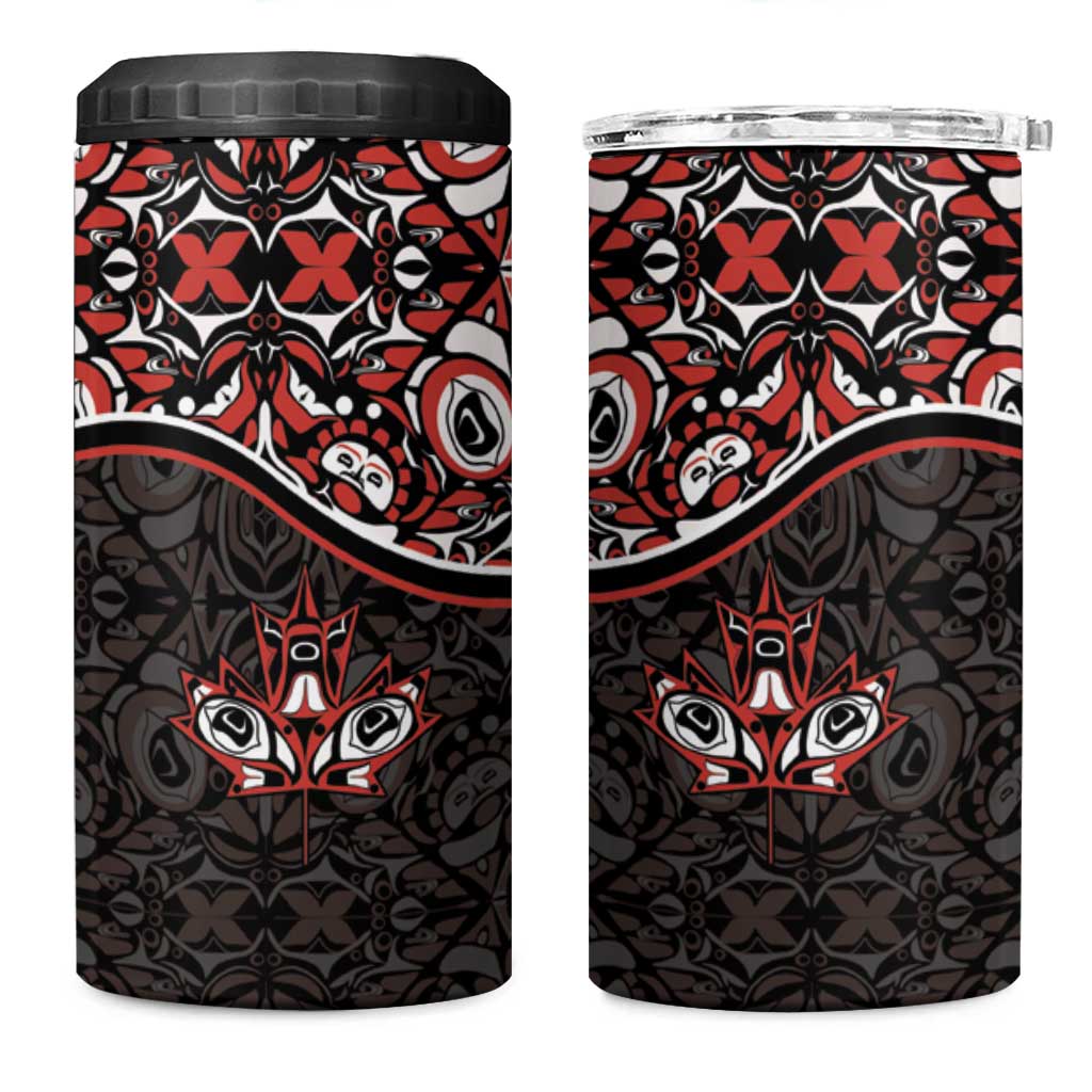 Canada Day 4 in 1 Can Cooler Tumbler Haida Maple Leaf Style Tattoo Black