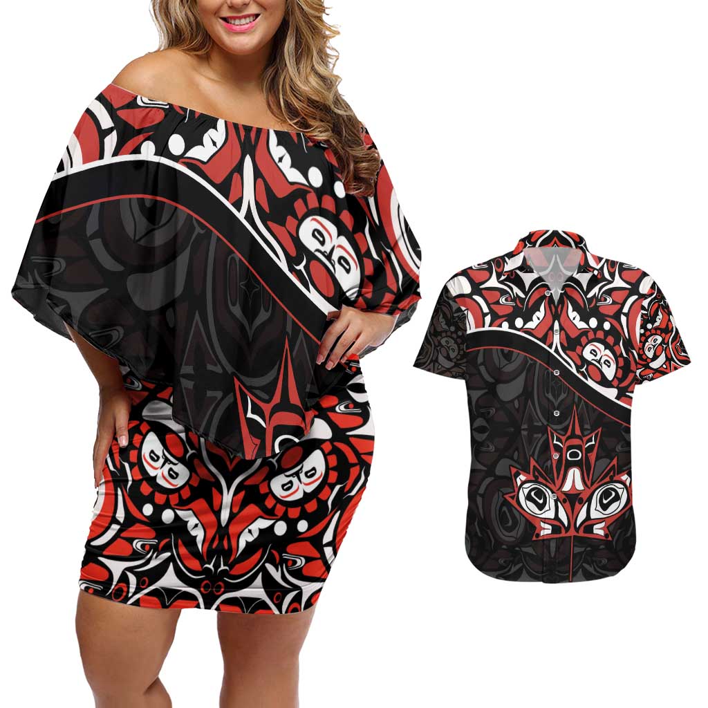 Canada Day Couples Matching Off Shoulder Short Dress and Hawaiian Shirt Haida Maple Leaf Style Tattoo Black