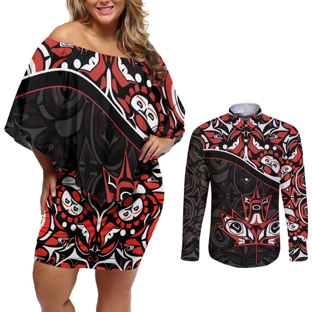 Canada Day Couples Matching Off Shoulder Short Dress and Long Sleeve Button Shirt Haida Maple Leaf Style Tattoo Black