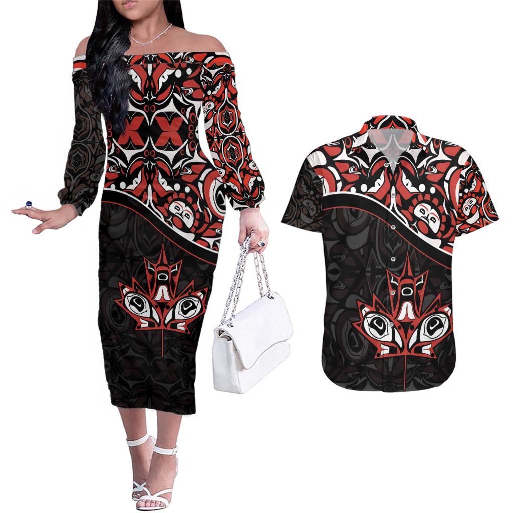 Canada Day Couples Matching Off The Shoulder Long Sleeve Dress and Hawaiian Shirt Haida Maple Leaf Style Tattoo Black