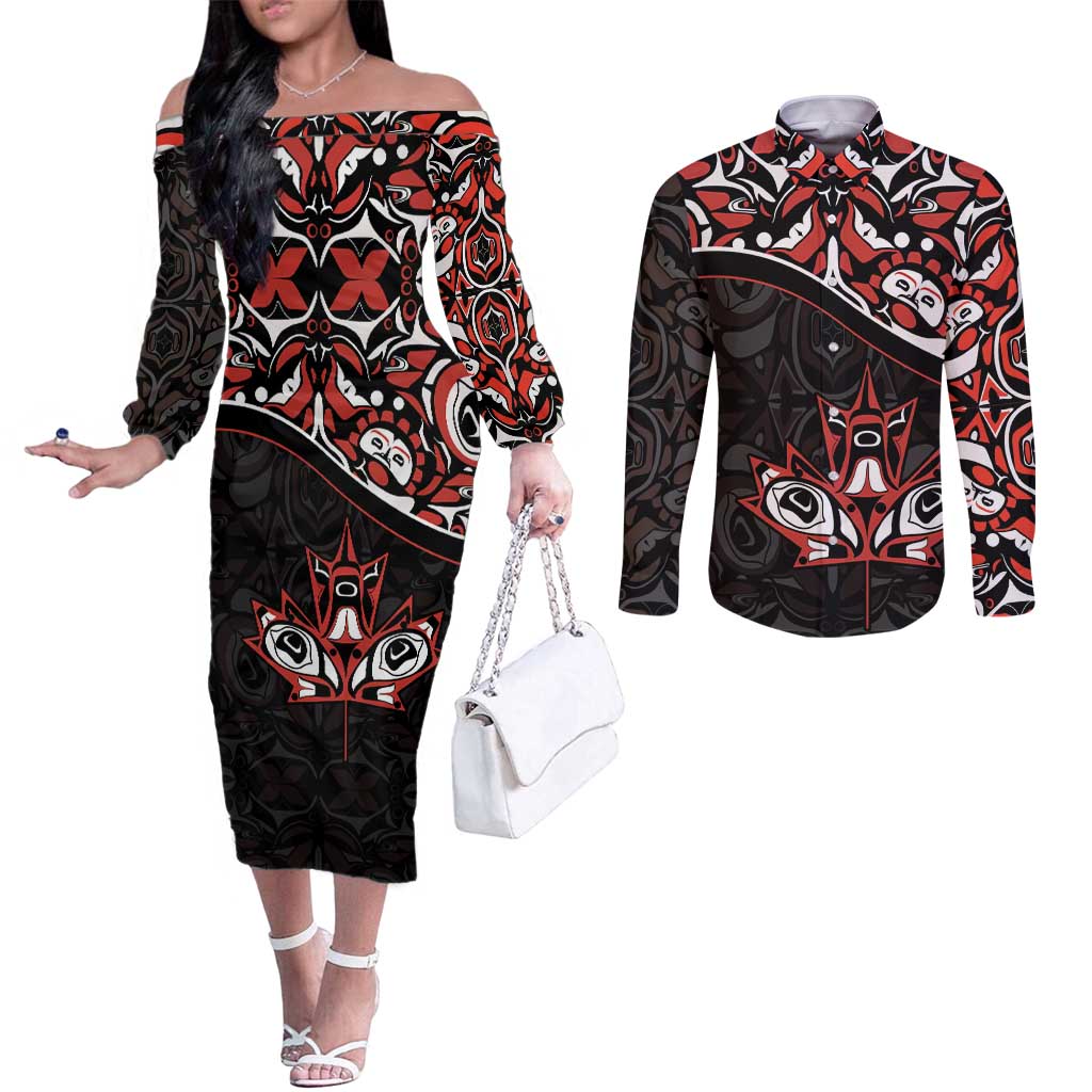 Canada Day Couples Matching Off The Shoulder Long Sleeve Dress and Long Sleeve Button Shirt Haida Maple Leaf Style Tattoo Black