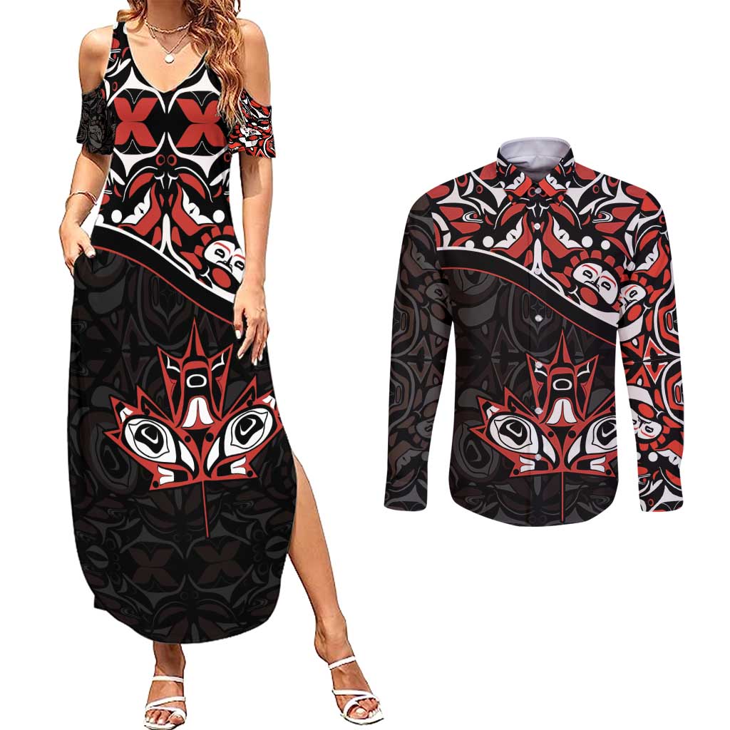 Canada Day Couples Matching Summer Maxi Dress and Long Sleeve Button Shirt Haida Maple Leaf Style Tattoo Black