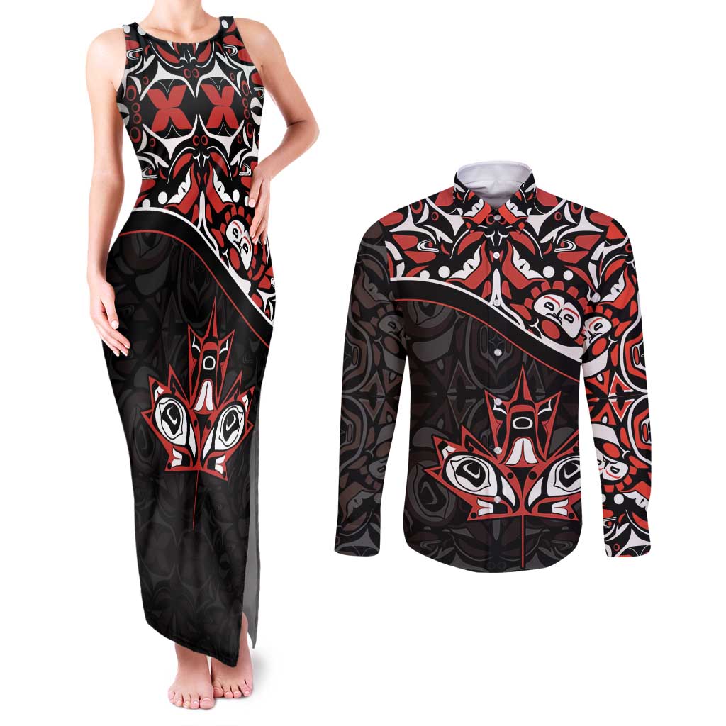 Canada Day Couples Matching Tank Maxi Dress and Long Sleeve Button Shirt Haida Maple Leaf Style Tattoo Black