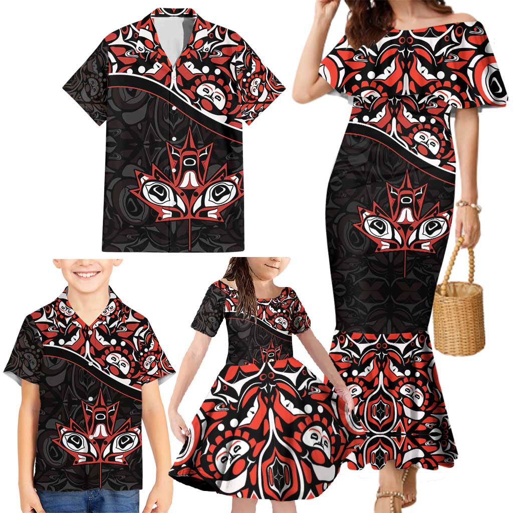 Canada Day Family Matching Mermaid Dress and Hawaiian Shirt Haida Maple Leaf Style Tattoo Black