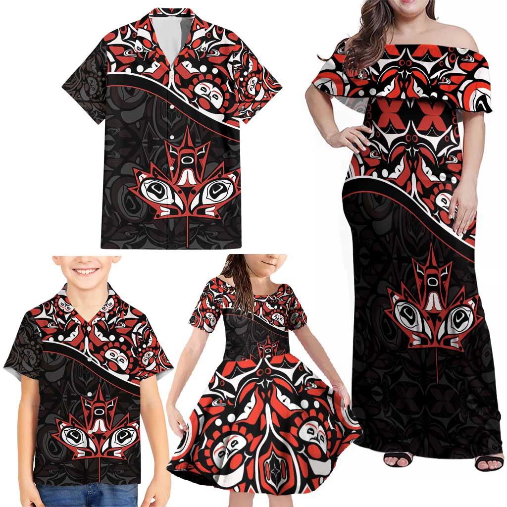 Canada Day Family Matching Off Shoulder Maxi Dress and Hawaiian Shirt Haida Maple Leaf Style Tattoo Black