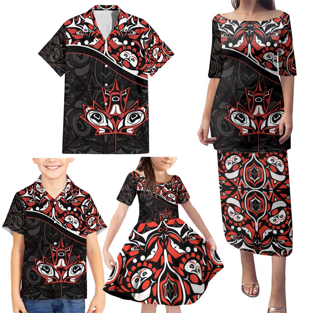 Canada Day Family Matching Puletasi and Hawaiian Shirt Haida Maple Leaf Style Tattoo Black