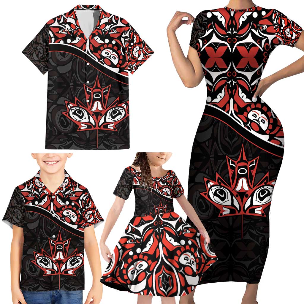 Canada Day Family Matching Short Sleeve Bodycon Dress and Hawaiian Shirt Haida Maple Leaf Style Tattoo Black