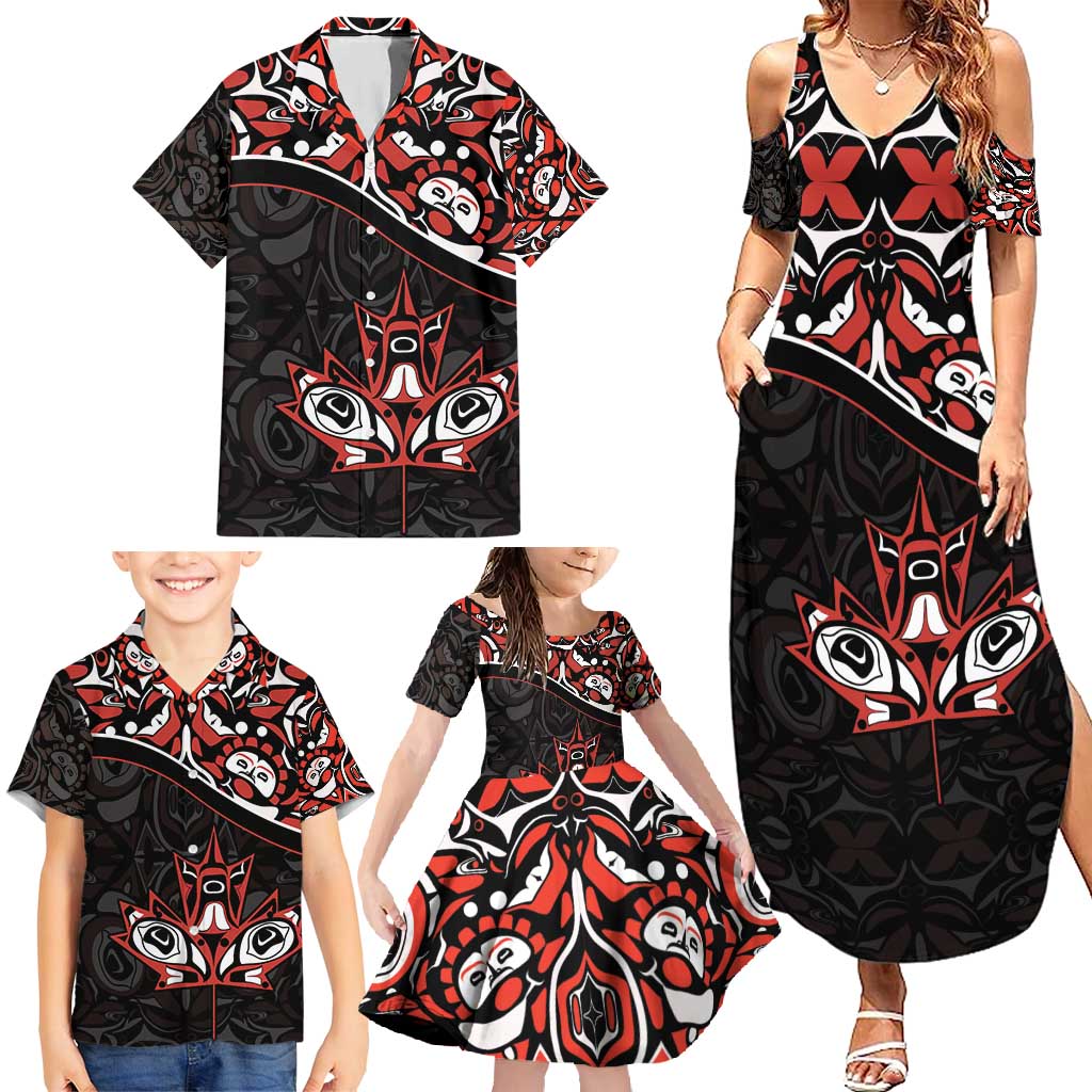 Canada Day Family Matching Summer Maxi Dress and Hawaiian Shirt Haida Maple Leaf Style Tattoo Black