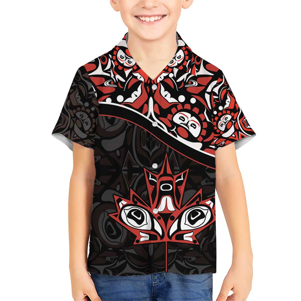 Canada Day Kid Hawaiian Shirt Haida Maple Leaf Style Tattoo Black