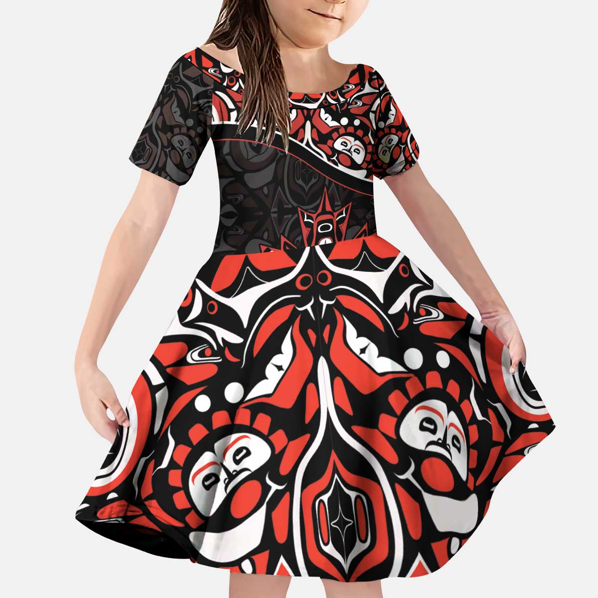 Canada Day Kid Short Sleeve Dress Haida Maple Leaf Style Tattoo Black - Wonder Print Shop