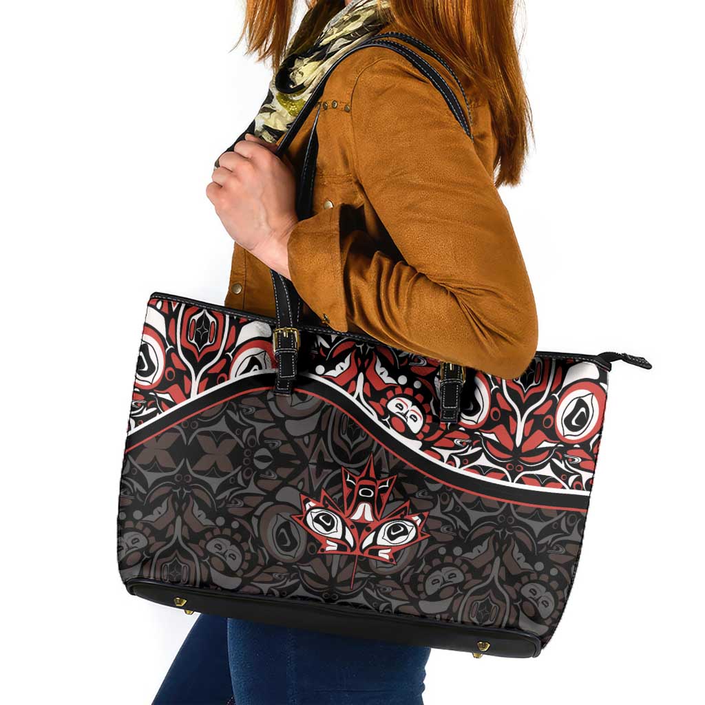 Canada Day Leather Tote Bag Haida Maple Leaf Style Tattoo Black