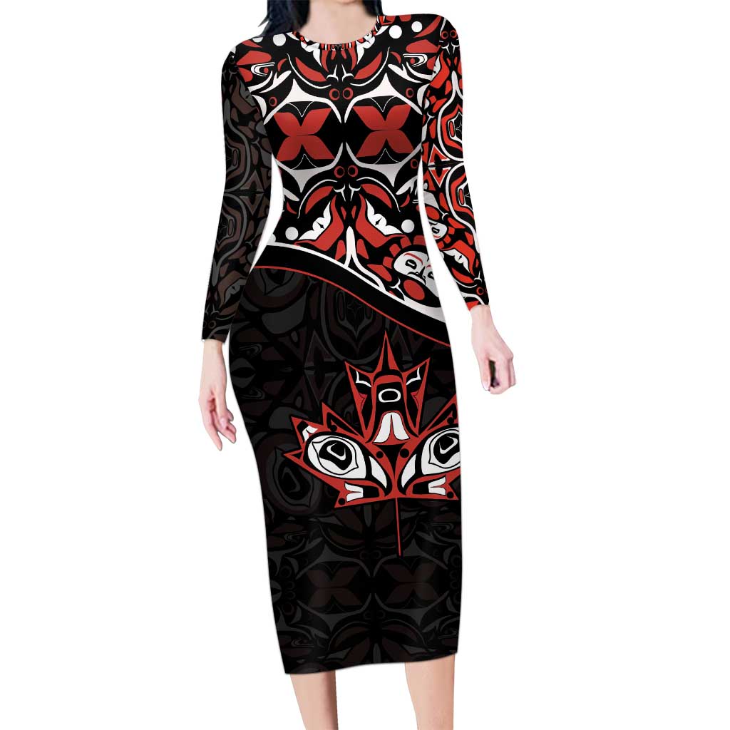 Canada Day Long Sleeve Bodycon Dress Haida Maple Leaf Style Tattoo Black - Wonder Print Shop