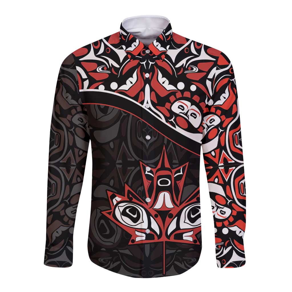 Canada Day Long Sleeve Button Shirt Haida Maple Leaf Style Tattoo Black