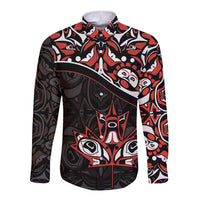 Black long-sleeve button shirt with red/white tribal graphics, open collar