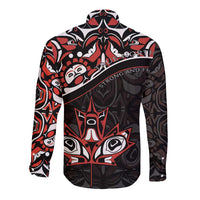 Black long-sleeve button shirt back with red/white tribal graphics and "THE NORTH" text
