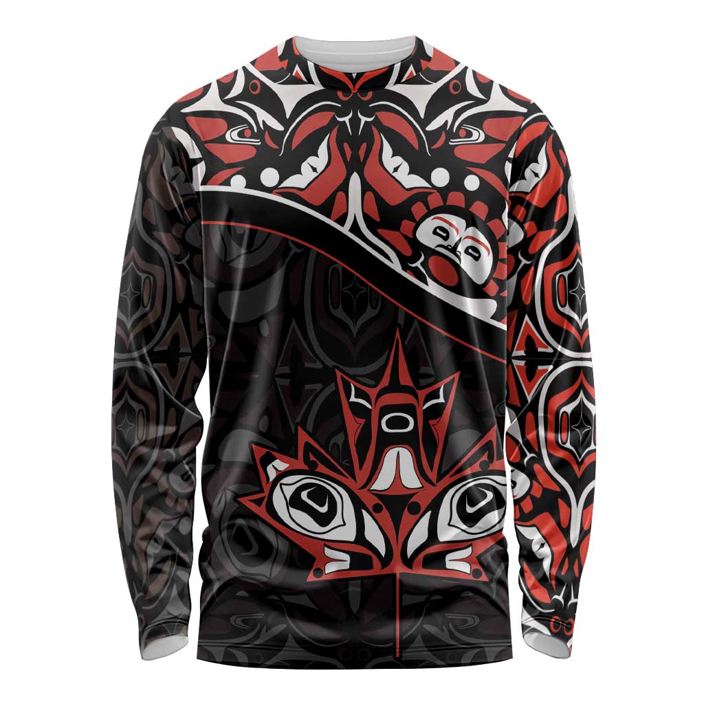 Canada Day Long Sleeve Shirt Haida Maple Leaf Style Tattoo Black - Wonder Print Shop