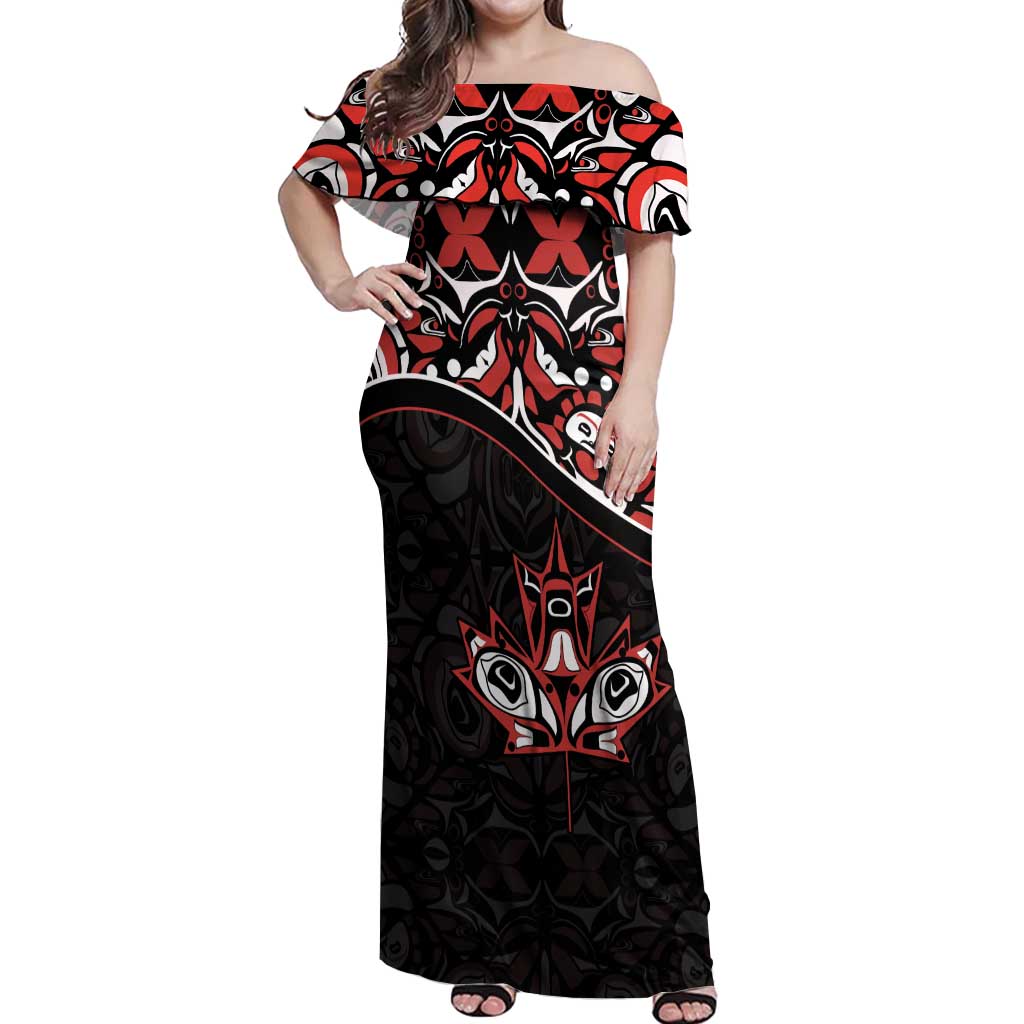 Canada Day Off Shoulder Maxi Dress Haida Maple Leaf Style Tattoo Black - Wonder Print Shop