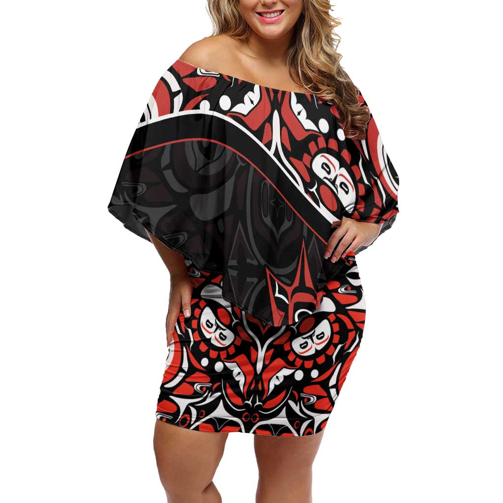 Canada Day Off Shoulder Short Dress Haida Maple Leaf Style Tattoo Black - Wonder Print Shop