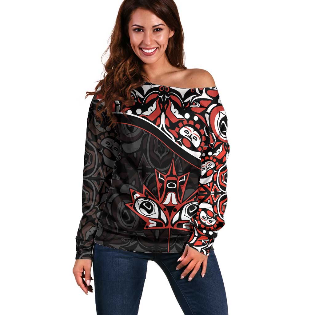 Canada Day Off Shoulder Sweater Haida Maple Leaf Style Tattoo Black