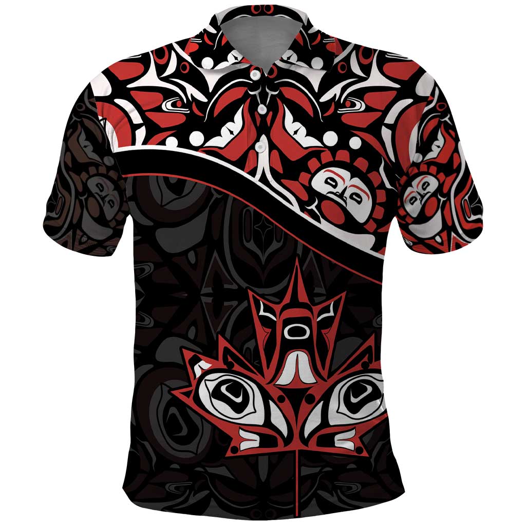 Canada Day Polo Shirt Haida Maple Leaf Style Tattoo Black - Wonder Print Shop