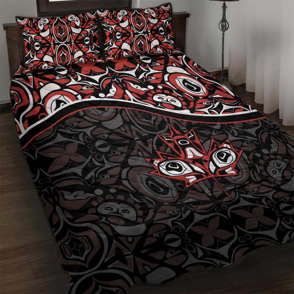 Canada Day Quilt Bed Set Haida Maple Leaf Style Tattoo Black