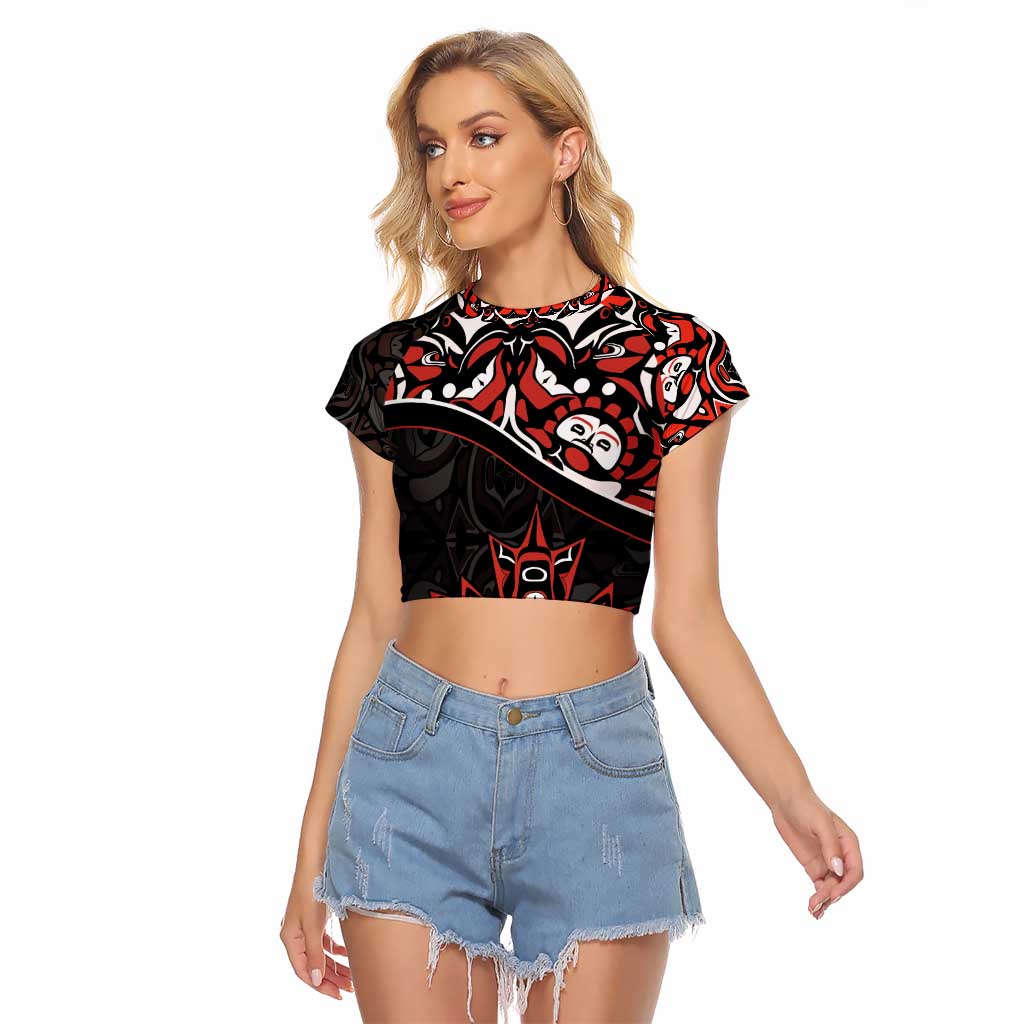 Canada Day Raglan Cropped T Shirt Haida Maple Leaf Style Tattoo Black