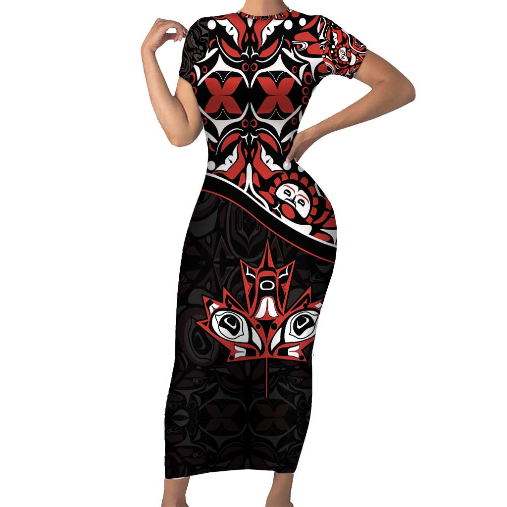 Canada Day Short Sleeve Bodycon Dress Haida Maple Leaf Style Tattoo Black