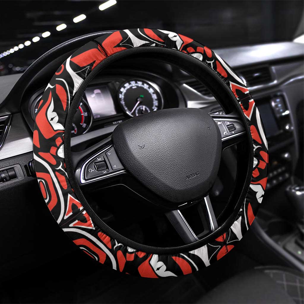 Canada Day Steering Wheel Cover Haida Maple Leaf Style Tattoo Black