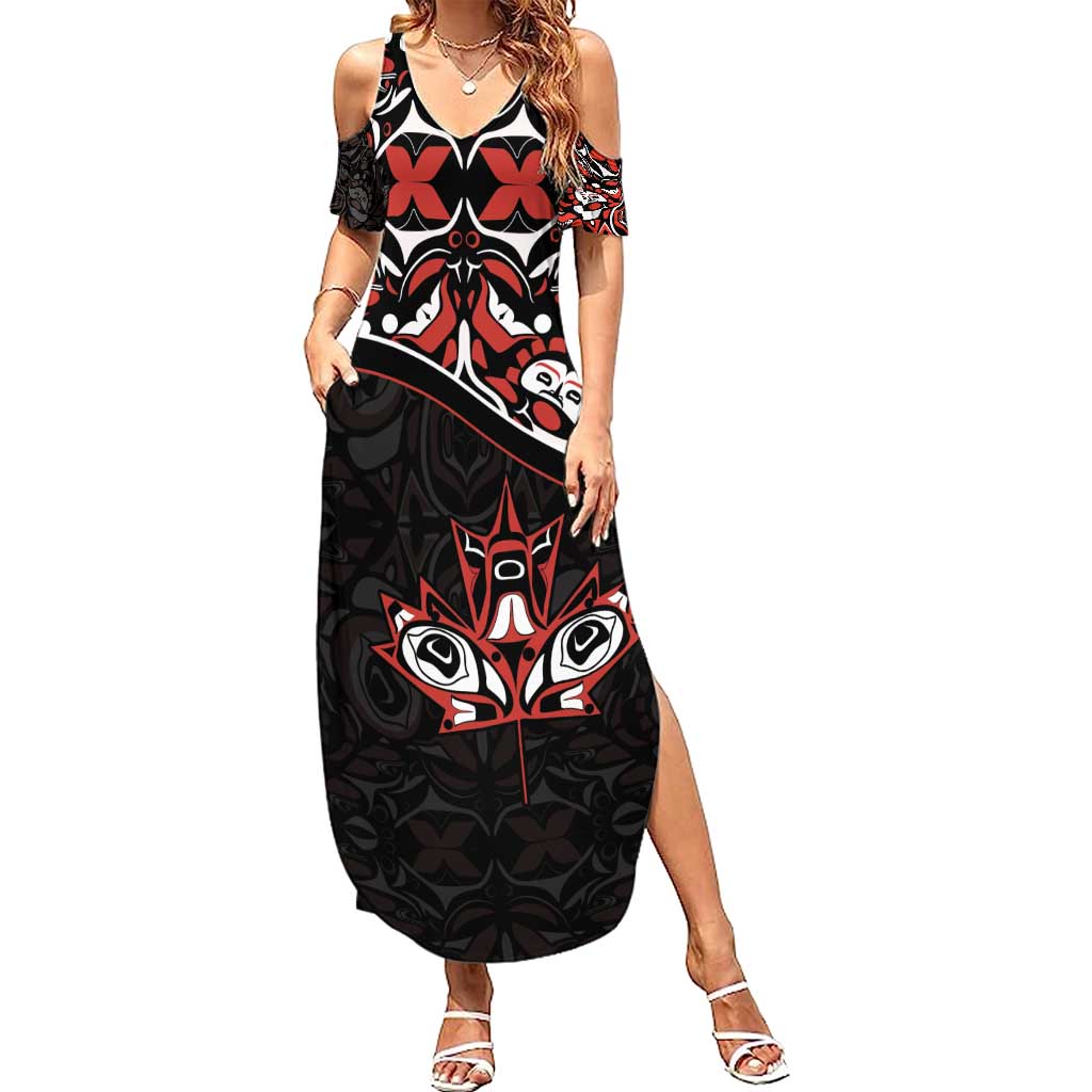 Canada Day Summer Maxi Dress Haida Maple Leaf Style Tattoo Black