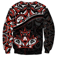 Unisex black sweatshirt with red and white Haida-style tattoo graphic and diagonal band