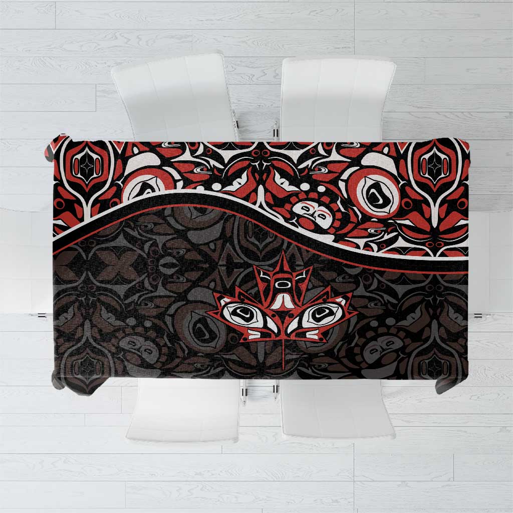Rectangular black tablecloth with red and white Haida-style tattoo maple leaf pattern