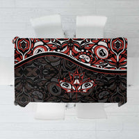 Rectangular black tablecloth with red and white Haida-style tattoo maple leaf pattern