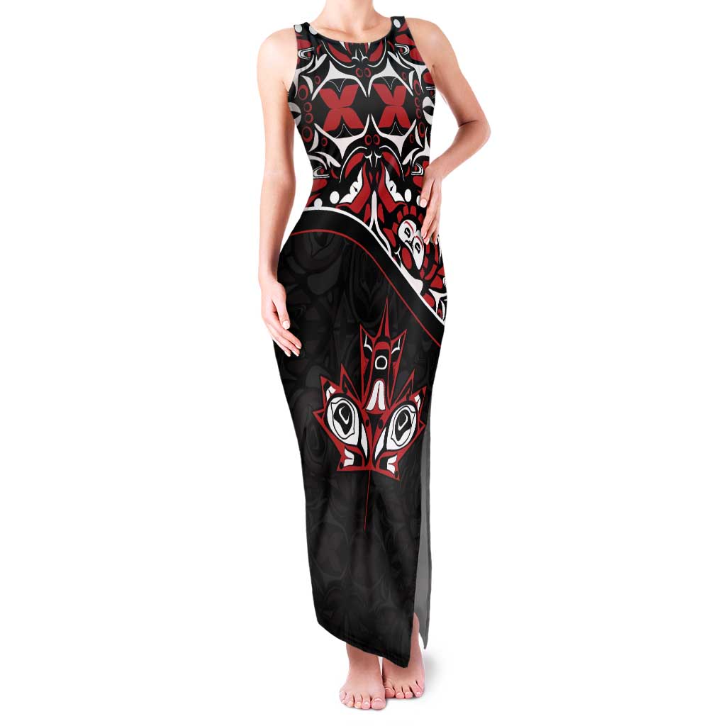 Canada Day Tank Maxi Dress Haida Maple Leaf Style Tattoo Black