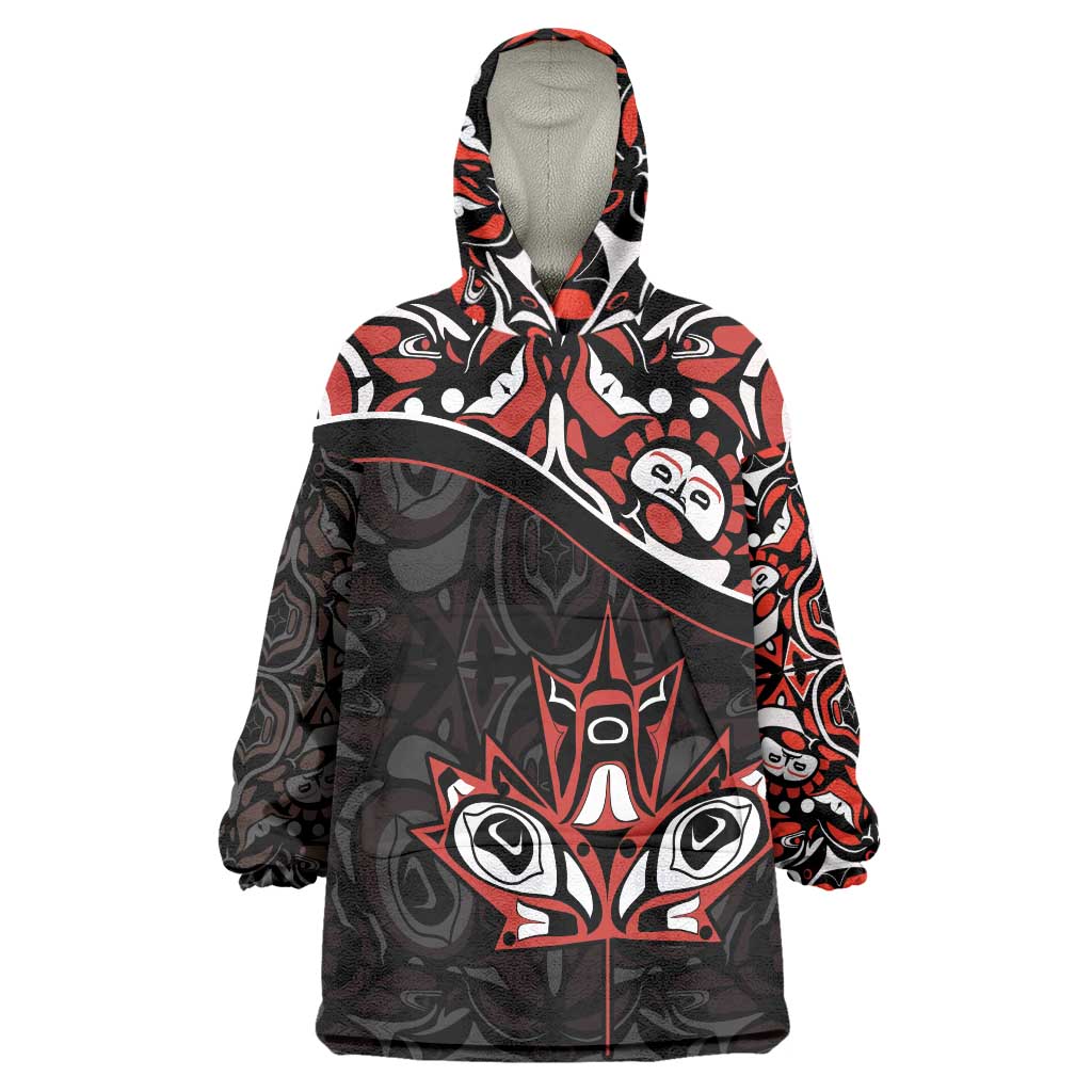 Canada Day Wearable Blanket Hoodie Haida Maple Leaf Style Tattoo Black