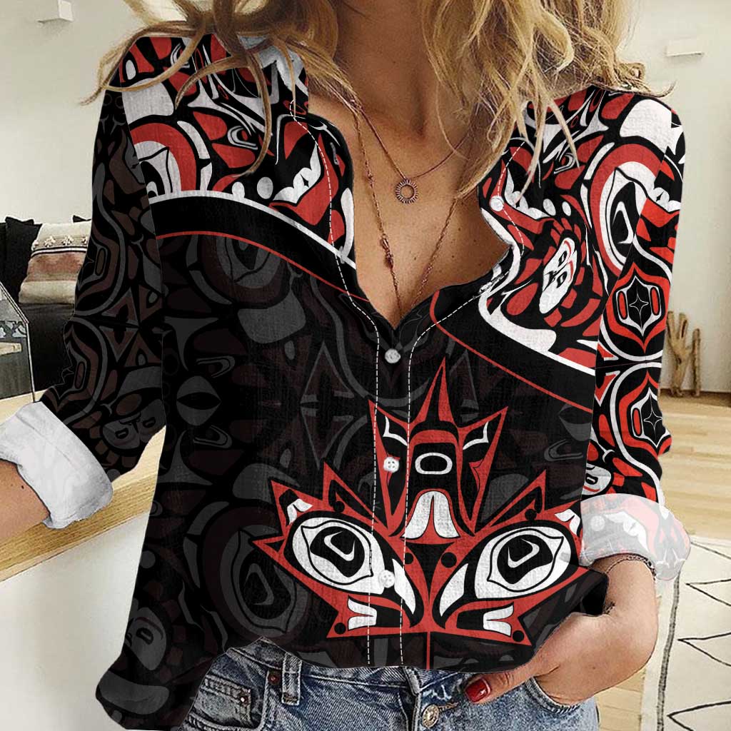 Canada Day Women Casual Shirt Haida Maple Leaf Style Tattoo Black