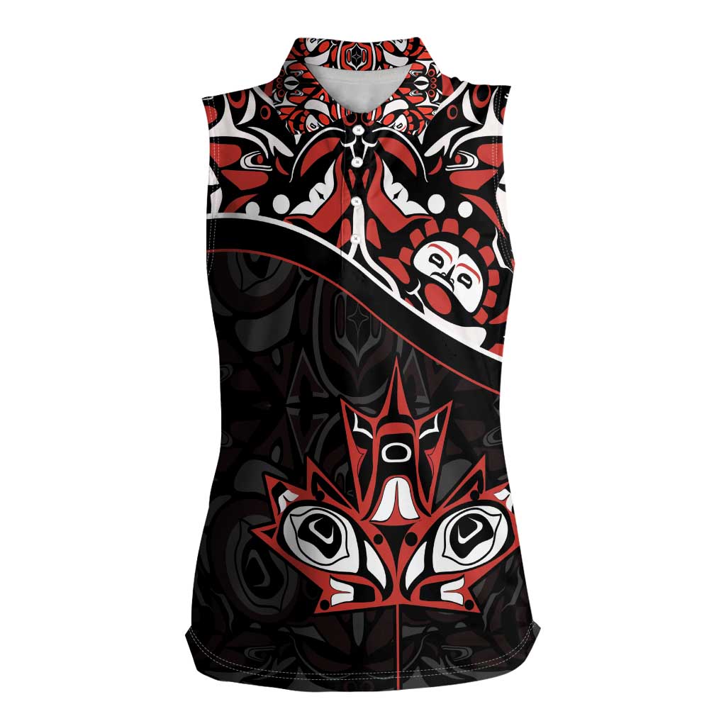 Canada Day Women Sleeveless Polo Shirt Haida Maple Leaf Style Tattoo Black