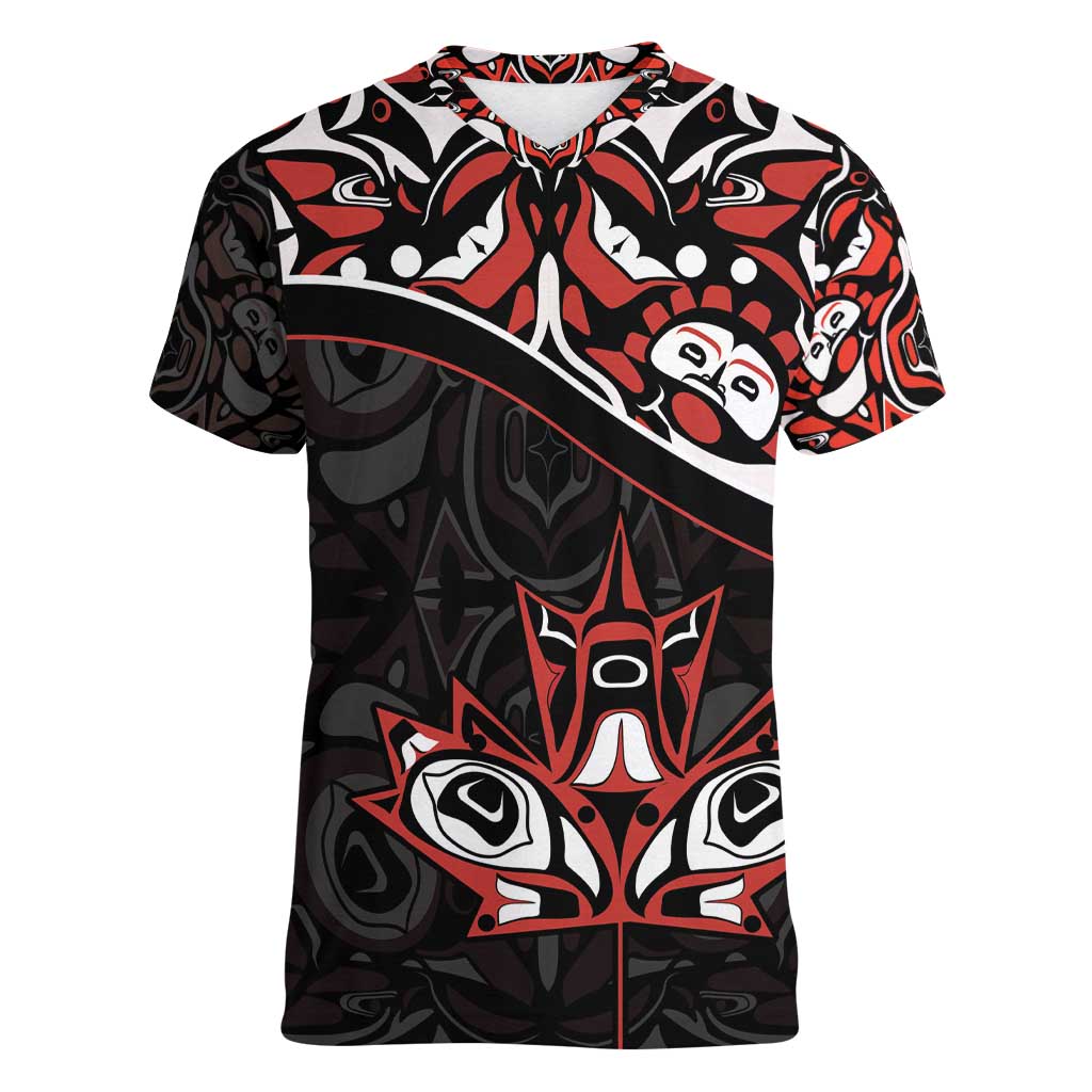 Canada Day Women V-Neck T-Shirt Haida Maple Leaf Style Tattoo Black