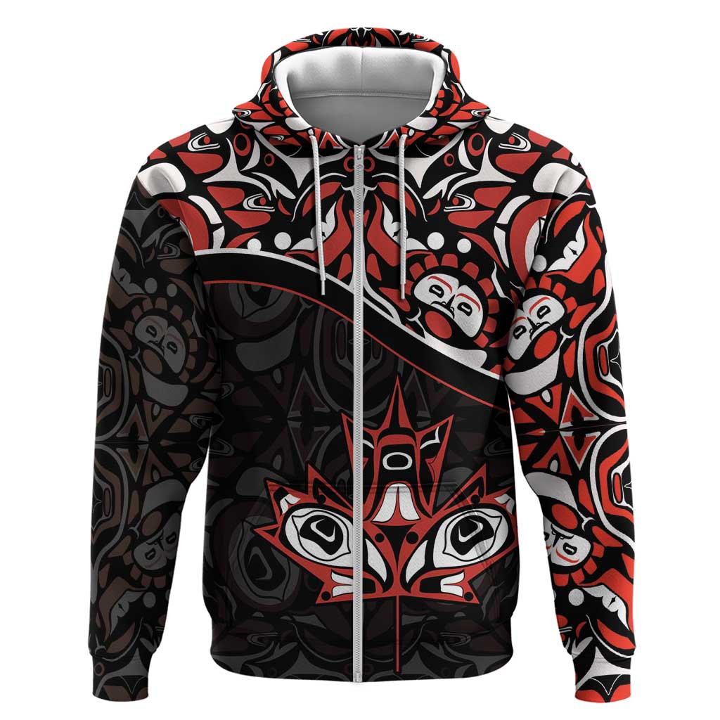 Canada Day Zip Hoodie Haida Maple Leaf Style Tattoo Black