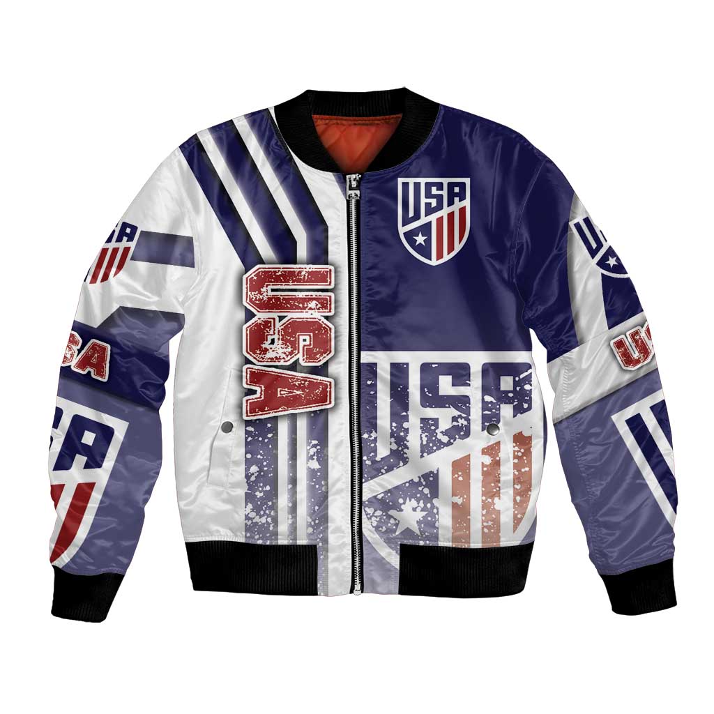 Unisex blue bomber jacket with USA crest, varsity patch, striped sleeves, front zipper