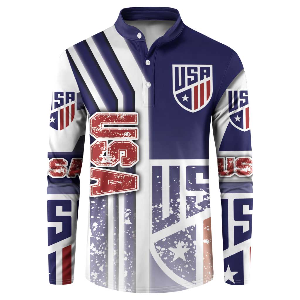 Blue USA shield button-front sweatshirt with striped star-and-stripes graphics, long sleeves
