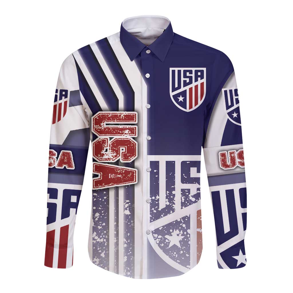 Blue USA long-sleeve button shirt with crest and stars-and-stripes graphic