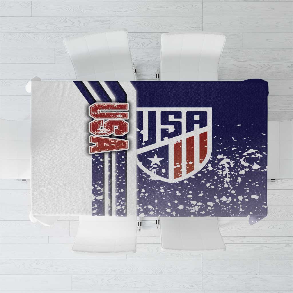 Blue USA tablecloth with large shield logo and star-and-stripe accents