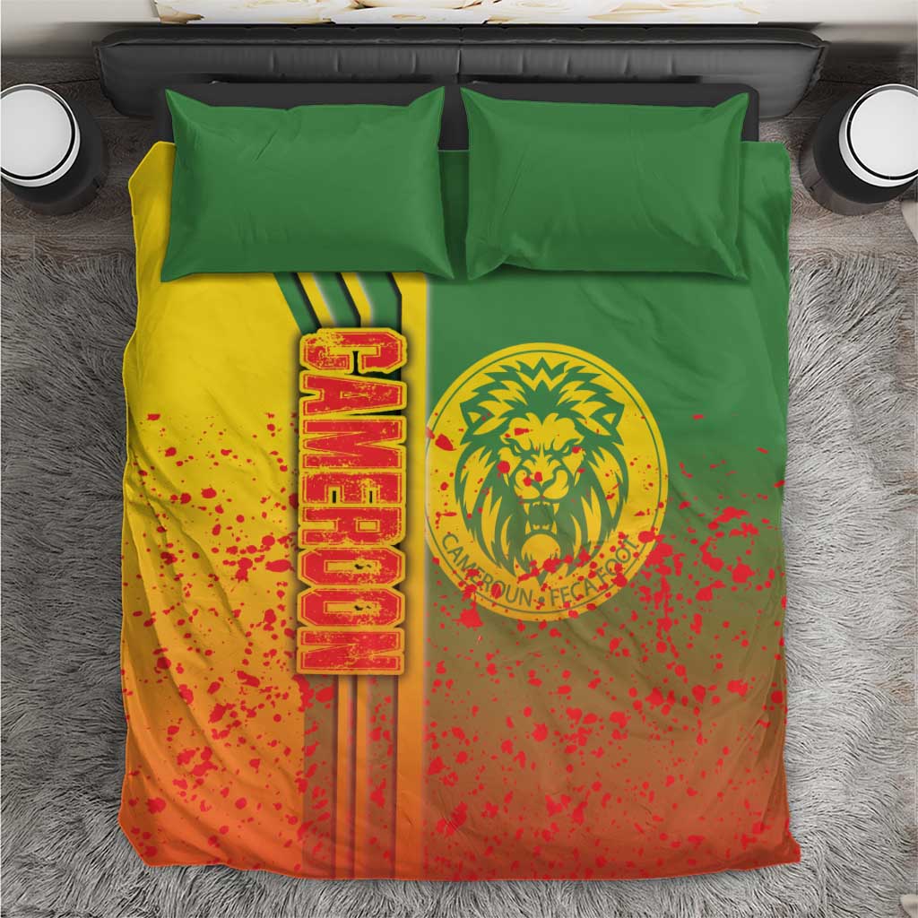 Football bedding set in green, yellow and orange with lion crest and vertical slogan