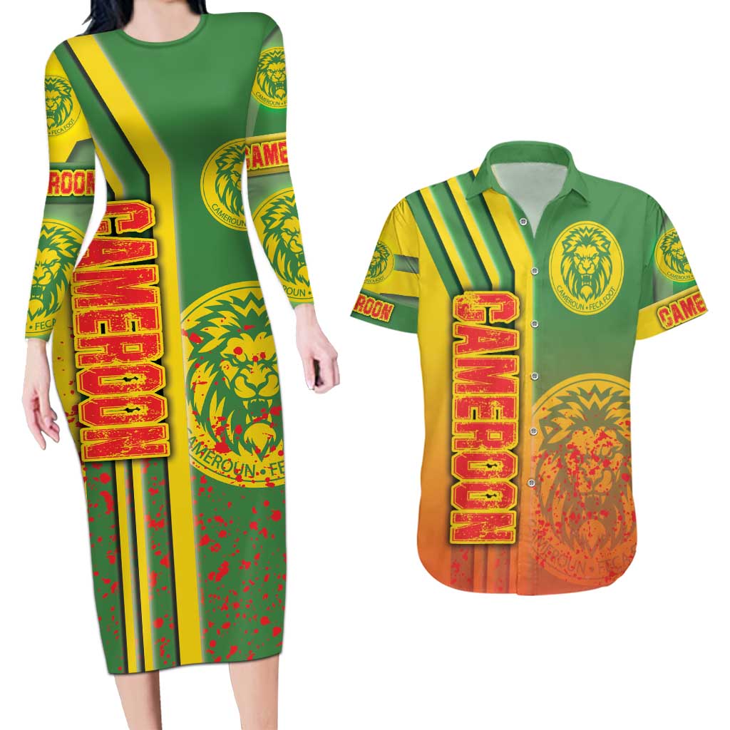 Cameroon Football Couples Matching Long Sleeve Bodycon Dress and Hawaiian Shirt Indomitable Lions Soccer - Road To Champion