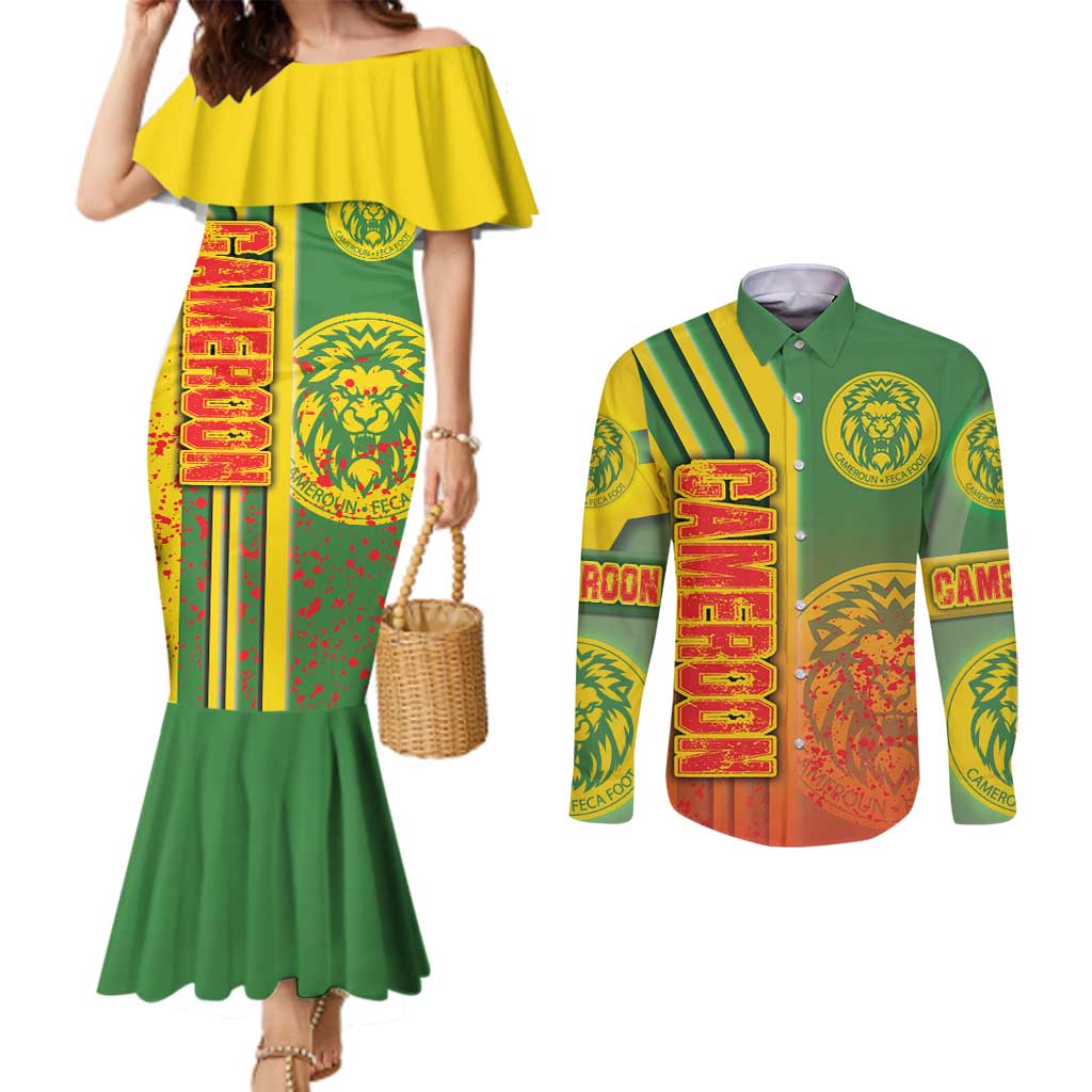 Cameroon Football Couples Matching Mermaid Dress and Long Sleeve Button Shirt Indomitable Lions Soccer - Road To Champion