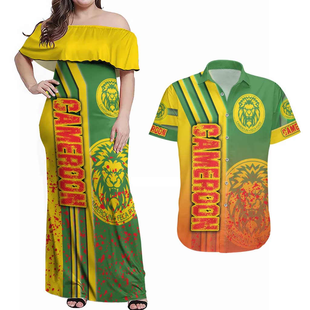 Cameroon Football Couples Matching Off Shoulder Maxi Dress and Hawaiian Shirt Indomitable Lions Soccer - Road To Champion